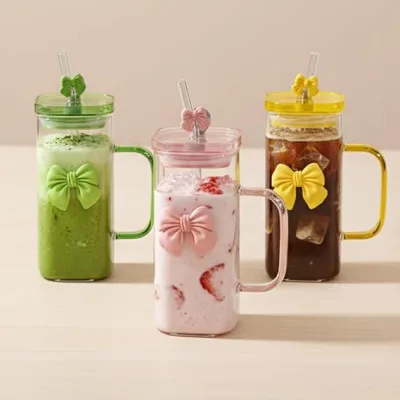 Glass Cup with Lid & Bow Approx 450ml (Assorted Colour)