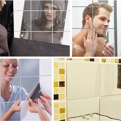 Pack Of 4 Self Adhesive Wall Sticker Tile Square Mirror